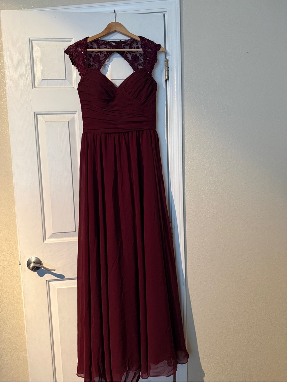 Mori Lee Burgundy Lace-Cap Sleeve Maxi Gown